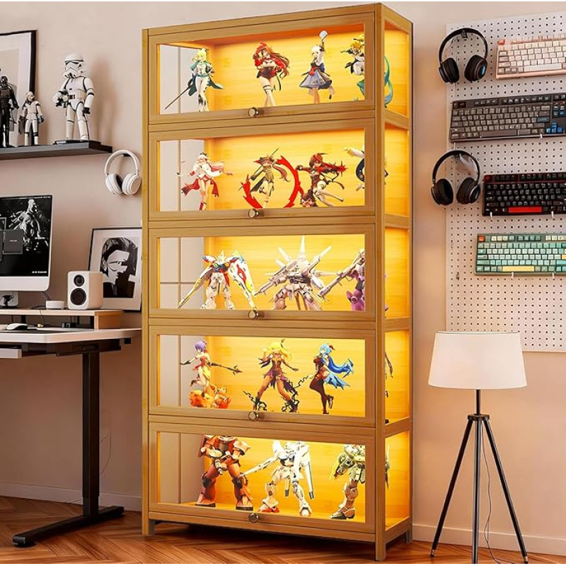 Display Case with Acrylic Glass Doors - 5 Tier Collectible Toy Organiser Shelf and Display Shelf - Bookcase for Home, Office, Playroom, Living Room, Books, Toys (Brown)