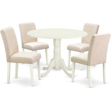 East West Furniture DLAB5-LWH-02 5-Piece Dining Room Table Set Includes Round Kitchen Table with Dropleaf and 4 Parson Dining Chairs in Light Beige Linen Fabric, 106 x 107 cm, Linen White