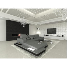 „Messana“ odinė L formos sofa su LED apšvietimu, reguliuojamomis galvos atramomis, šezlongu / Įvairių odos spalvų pasirinkimas / Galima pasirinkti pufo orientaciją (pufas kairėje, pilkos/juodos spalvos)