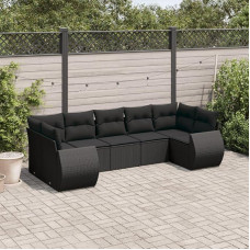 „Hothingwell“ lauko baldų komplektas, 7 dalių, pagamintas iš poliratanio, juodos spalvos, su storais pagalvėliais, modulinė lauko sofa, nuimamas ir skalbiamas apvalkalas, patogus komplektas kiemeliui ir terasai