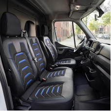 Automobilių sėdynių užvalkalai 2+1, skirti „Renault Master“ (2011–2023 m.), „Vauxhall Movano“ (2011–2021 m.) ir „Nissan NV400“ (2011–2021 m.) – linas/juoda-mėlyna – priekinių sėdynių komplektas (dešinioji keleivio sėdynė su atskirais užvalkalais)