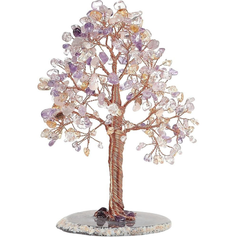 Ametisto ir citrino kristalinis „Gyvybės medis“ su agato plokštelės pagrindu | Dekoratyvinis kristalinis bonsai „Pinigų medis“, skirtas turtui ir laimei, Feng Shui čakrų balansavimui skirtas akmeninis medis, skirtas namų interjerui