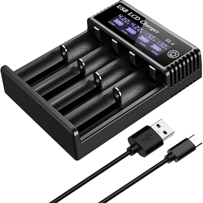 Battery Charger NI-MH/NI-Cd/Li-ion 4-Way Universal Battery Charger for 1.2 V | NI-MH/NI-Cd AA/AAA/C/SC/F6, 3.7V Li-ion 18650 18350 18500 18700 20700 21700 26650 Battery Charger with LCD Display