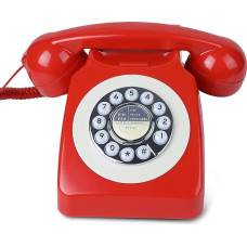 Retro rotacinis telefonas su mygtukais, stacionarusis telefonas su pakartotinio skambinimo mygtuku, klasikinis senovinis telefonas su skambinimo disku, antikvarinis laidinis telefonas namams ir biurui (raudonas)