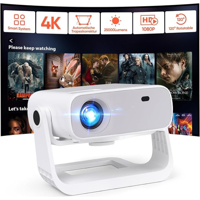 Išmanusis projektorius, integruotos programėlės, „Full HD 1080p“ raiška su 4K palaikymu, 25 000 liumenų, 4D trapezinės deformacijos korekcija, namų kino 4K projektorius, suderinamas su „iOS“, „Android“ ir „PS5“