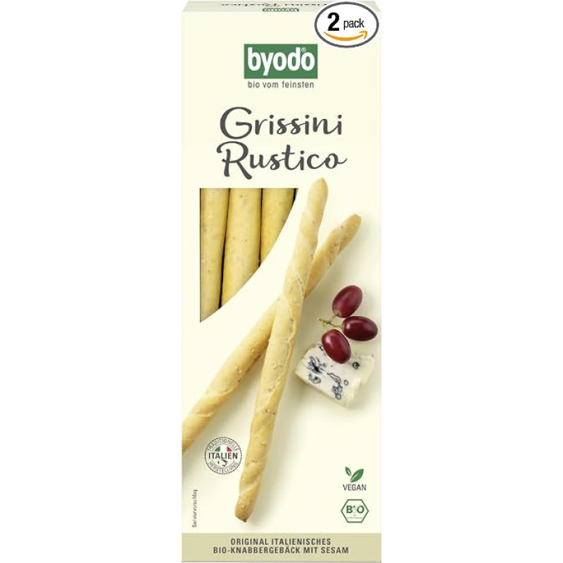 Byodo Sesame Grissini Rustico 100 g - Organic Mini Baguette Sticks Nutty Flavour, Extra Virgin Olive Oil, Handmade in Italy