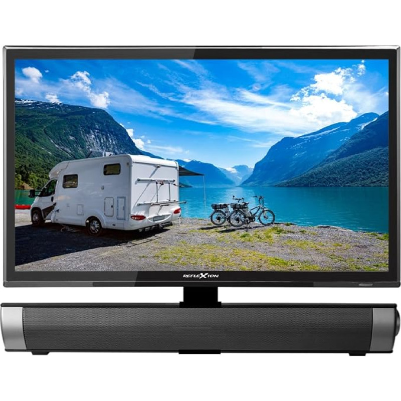 „Reflexion“ 24 colių plačiaekranis išmanusis televizorius su garso juosta, skirtas kemperiams, su DVB-T2 HD, trigubu imtuvu, „Android“ sistema, 12/24 V, su 12 V maitinimo adapteriu ir DVB-T antena