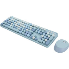 Belaidės klaviatūros ir pelės rinkinys, pasižymintis retro stiliaus dizainu. Belaidės klaviatūros ir pelės rinkinys su USB imtuvu, skirtas kompiuteriui, ergonomiškas FN +