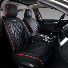 FLORICH Car Seat Covers Front Seat Covers Waterproof Leather Universal Fit Most Cars, SUVs, Trucks (Black Seat Covers with Red Stitching, 2 Front Seats)