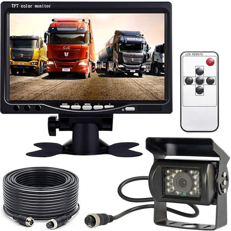 Xinyida Rückfahrkamera, 4-polig, 12 V bis 24 V, 18 LEDs, IR-Nachtsicht, wasserdicht, mit 15 m Kabel + 17,8 cm Farb-TFT-LCD-HD-Automonitor für Wohnmobil, Bus, LKW, Anhänger