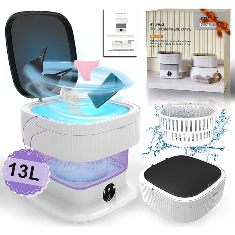 12L Mini Washing Machine, 2 kg 60 W 2-in-1 Camping Washing Machine, Foldable Deep Cleaning of Underwear, Shorts, Baby Clothes, Headgear, Portable Washing Machine with Spin for Home, Hotel