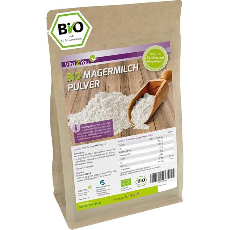 Vita2You Organic Skimmed Milk Powder 1000 g - 100% Organic Quality - for Baking - Coffee Whitener - Milk Powder for Yoghurts - 1 kg - Premium Quality