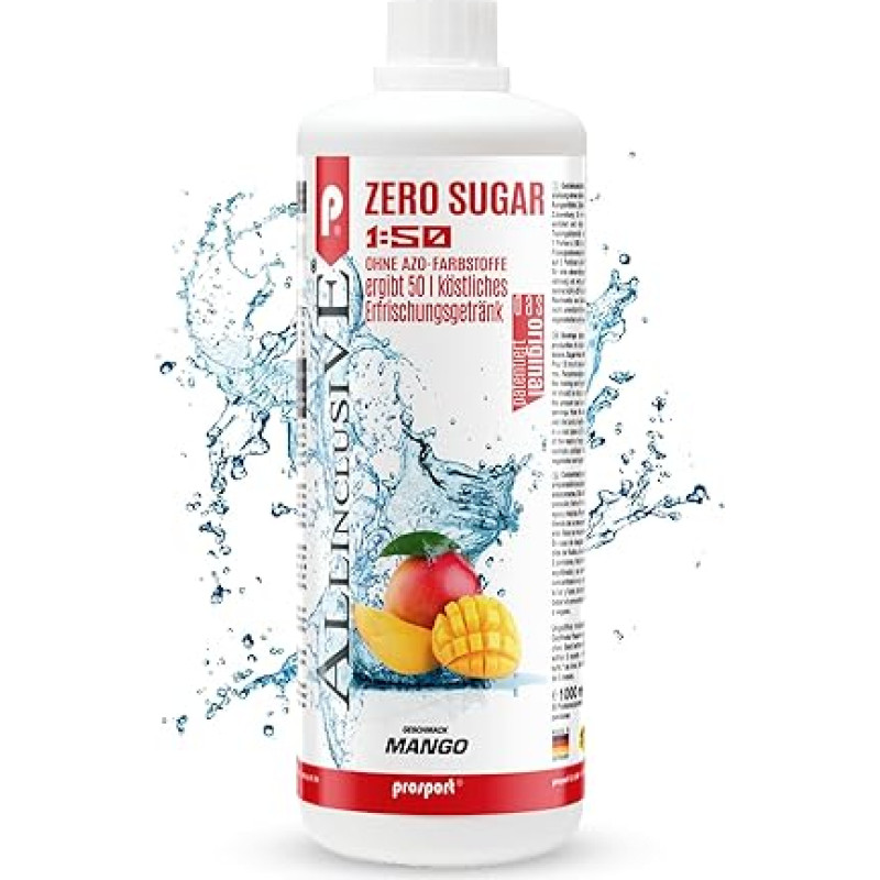 Prosport Allinclusive Zero Sugar Syrup, Mango, 1 Litre Bottle, Premium Drink Concentrate 1:50, Vital Drink, 50 Servings, Vitamin B1, B6, B12