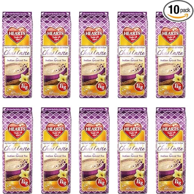 Hearts Chai Latte 10 x 1 kg - Value Pack - Instant Milk Tea Powder - Spiced Tea Drink Powder for Gastro / Home, Easy Preparation - Enough for 600 Cups