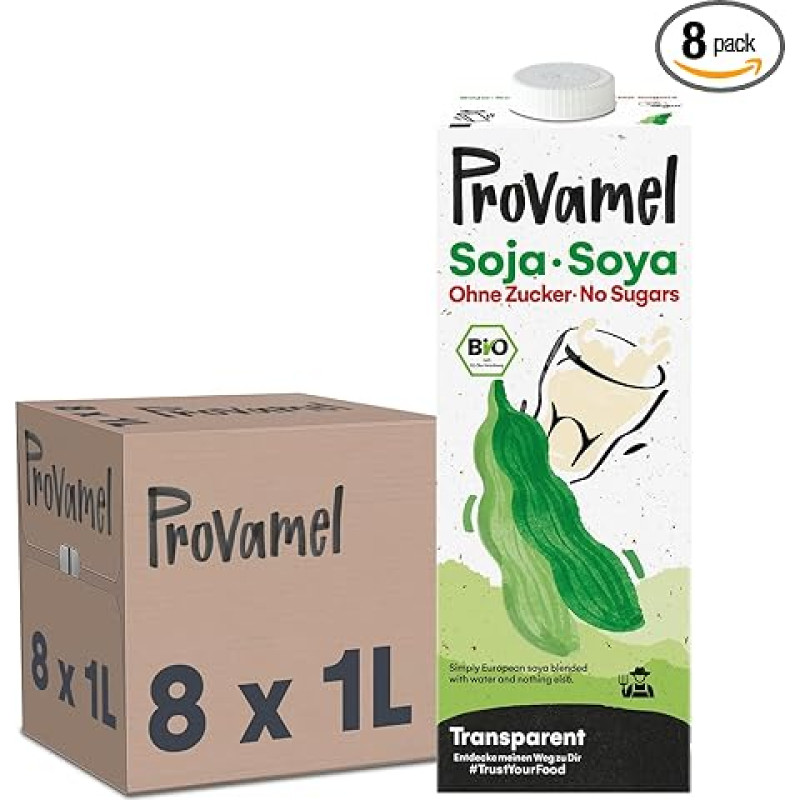 Provamel Organic Soy Drink without Sugar, Vegetable Drink, Vegan, Lactose Free, Gluten Free, UHT, 8 x 1 L (Pack of 8)