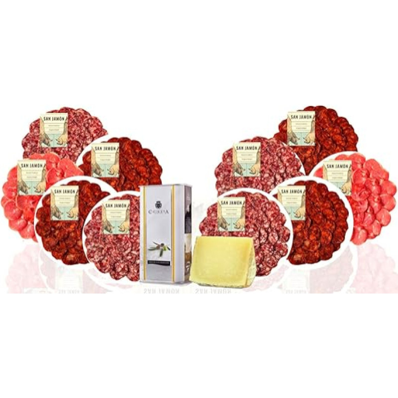 SAN JAMÓN Weihnachtsgeschenkkorb Mit Einer Auswahl An Würstchen Mit Lende, Salchichón Und Iberischer Chorizo. Manchego-Käse Und Natives Olivenöl Extra. Gourmet-Geschenk Mit Iberer 10 X 100 g