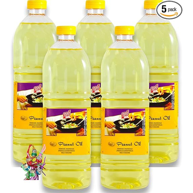 5 pakuočių 100% žemės riešutų aliejus [5 x 1000 ml] Žemės riešutų aliejus ~ žemės riešutų aliejus ~ Wok aliejus + maža laimės lėlė - Medinės lėlės