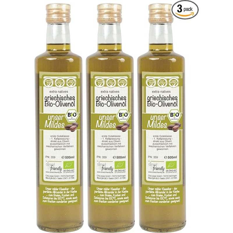 Graikiškas ekologiškas alyvuogių aliejus švelnus, ypač tyras - iš Manio regiono (3 x 500 ml)