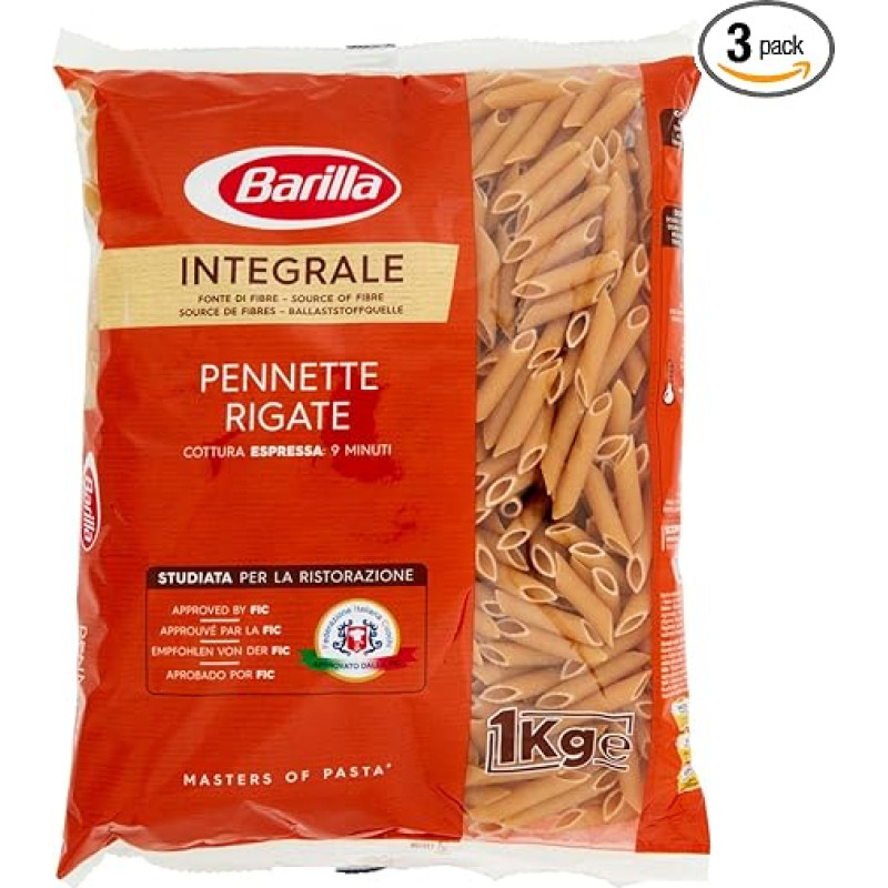 Barilla Whole Grain Pasta Pennette Rigate Integrale - Pack of 3 (3 x 1 kg)