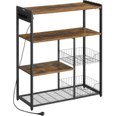 VASAGLE Kitchen Shelf with Sockets, Standing Shelf with 2 Metal Baskets, Baker's Rack with Hooks and Shelves, Microwave Shelf, 35 x 80 x 93.5 cm, Industrial Design, Vintage Brown Ink Black KKS196K01