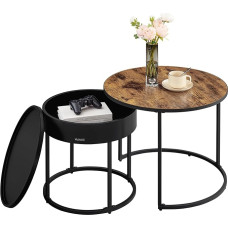 VASAGLE apvalus kavos staliukas, 2 dalių rinkinys, šoninis staliukas, lizdinis staliukas, modernus, paslėpta laikymo vieta, padėklas, skirtas svetainei, miegamajam, balkonui, Vintage Brown/Ink Black, LCT044K01