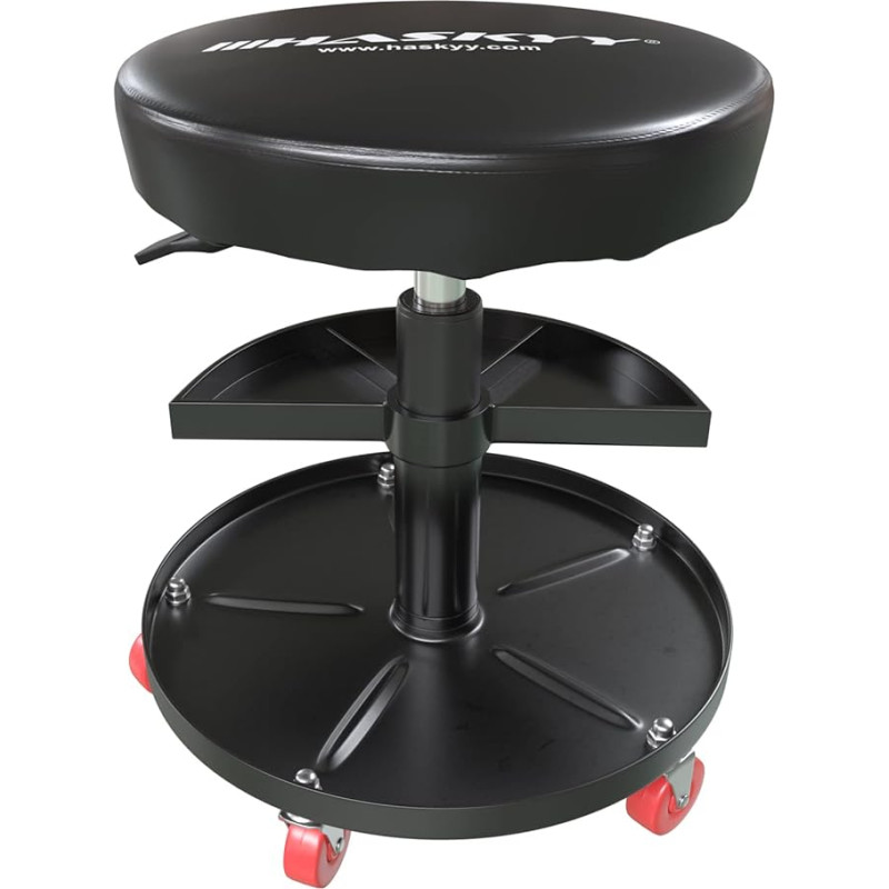 Haskyy Height-adjustable workshop chair, workshop stool with 5 wheels, diameter 38.5 cm, 2 shelves, 390 - 520 mm.
