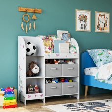 HOCSOK žaislų lentyna, vaikų knygų spinta, vaikiška lentyna su 4 dėžėmis, žaislų organizatorius vaikų kambariui, miegamajam, vaikų darželiui, balta, 92,2 x 100,2 x 30 cm