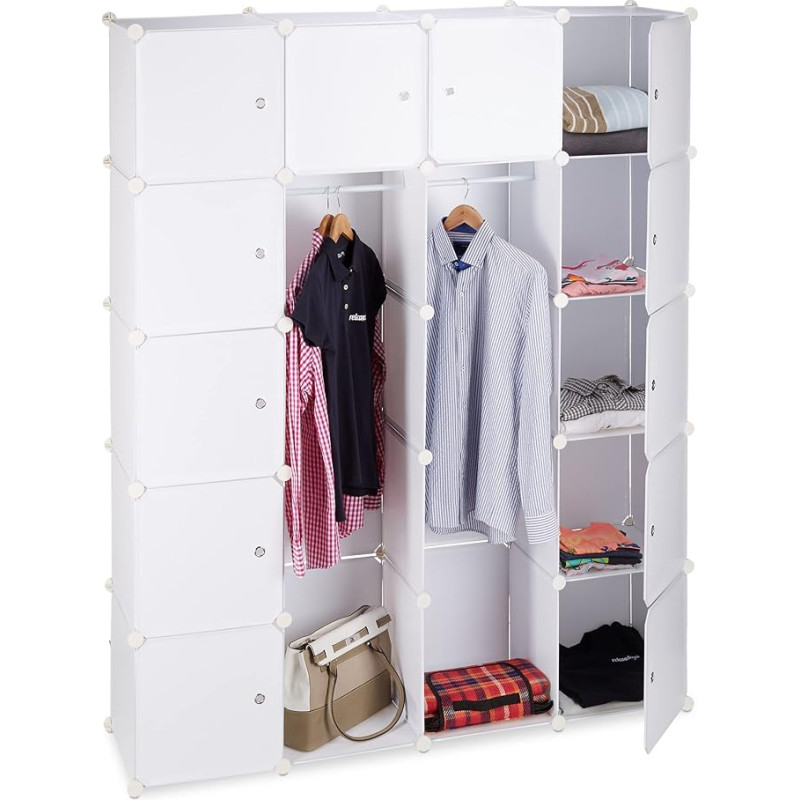 Relaxdays Wardrobe Plug-In System with 2 Clothes Rails, Wardrobe with 14 Compartments, Plastic Shelving System, White