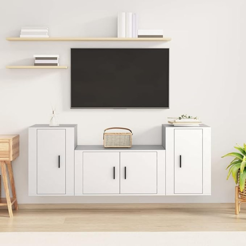 Homgoday TV-Möbel-Set, 3-teilig, weiß, aus mehrschichtigem Holz, TV-Schrank, Wohnzimmer, TV-Schrank, Couchtisch, TV-Ständer für Wohnzimmer