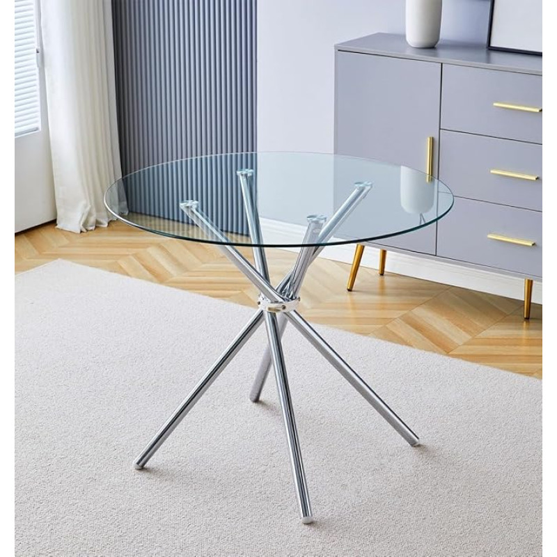Hallowood Furniture Cullompton Small Round Glass Dining Table - 90cm Top with Chrome Metal Legs - Compact Space Saving Kitchen Table for 2-4 Seater Ideal for Home, Pub, Office and Cafe