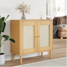 AUVYI Sideboard Rattan Look Brown 80 x 35 x 80 cm Pušies medienos virtuvės spintelė Dokumentų spintelė Knygų lentyna Batų laikiklis Plona žema lenta Svetainės skalbyklė TV lenta Vonios spintelė