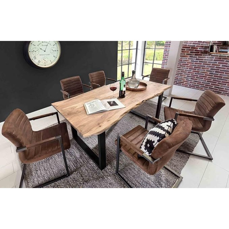 lifestyle4living Dining Table, Acacia Wood, Tree Edge, Square / Kitchen Table with Black Metal Frame / Sturdy Dining Room Table, Enhances Your Room Uniquely