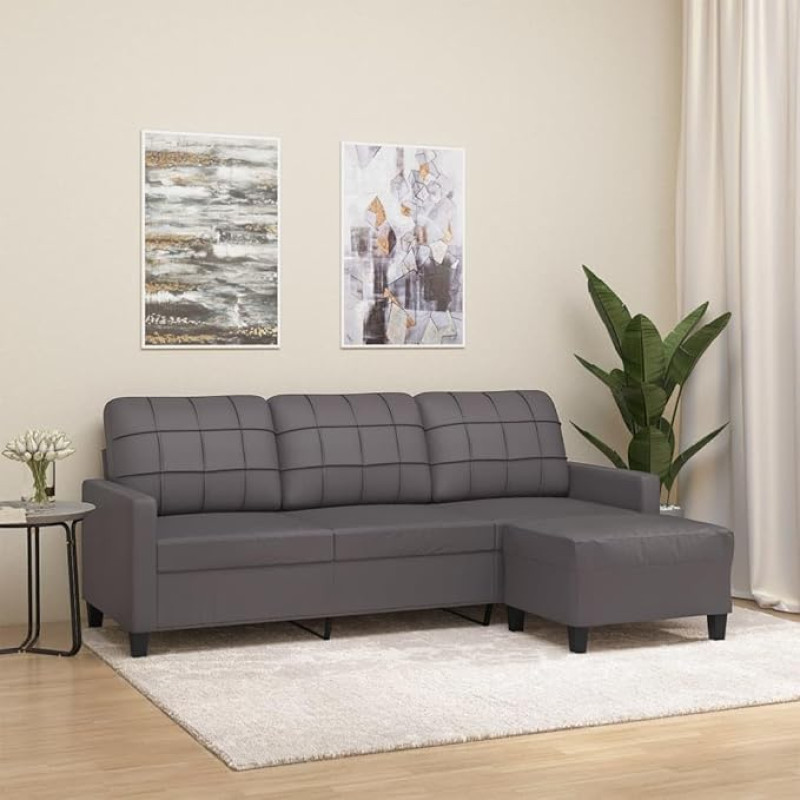 ZEYUAN 3201016 3-vietė sofa su taburete, pilka, 180 cm, dirbtinė oda, Sofos ir kušetės, Sofa svetainė, Sofa paauglių kambariui, Sofa poilsiui, Sofa miegamajam, Miegamojo sofa, Minkšta sofa