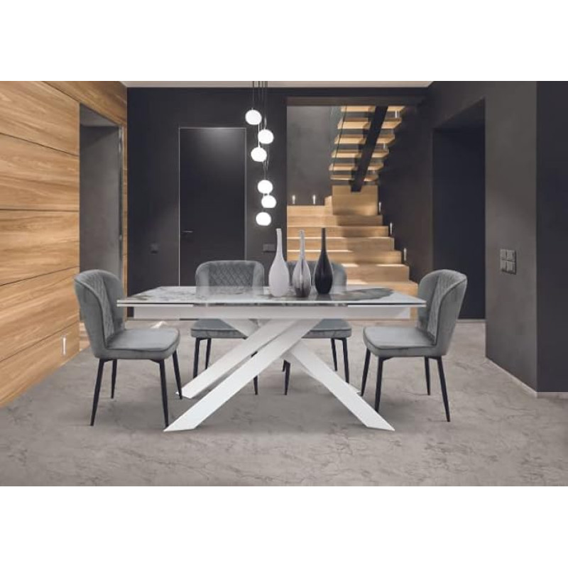 Mar.c.a. Design - White Metal Extendable Dining Table with Glass Ceramic Top Marble Finish Dining Table Modern Furniture Kitchen Table 160 x 90 x 76 cm