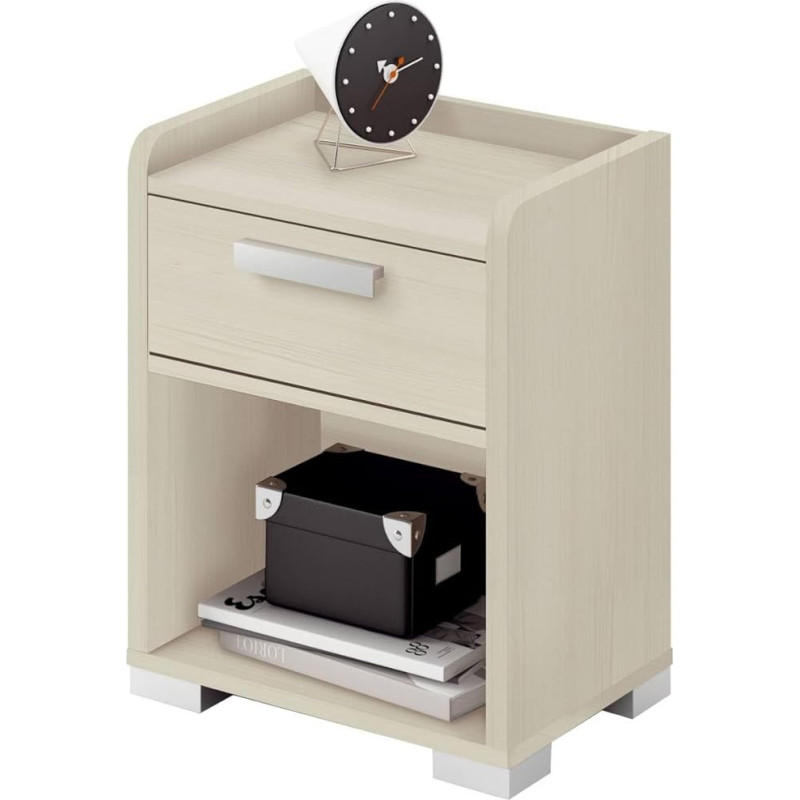 MUEBLES PITARCH naktinis staliukas su stalčiumi, progresyviu uždarymu, aliuminio rankena ir viena išpjova apačioje, 54 x 41 x 31 cm (V x Š x G), pušies spalvos