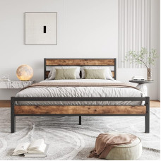 HOJINLINERO King Size Bed Frame with Wooden Headboard, Metal Bed Frame, Mattress Base, Strong Metal Slats, Noiseless, Solid Double, Black