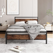 HOJINLINERO Double Bed Frame with Wooden Headboard, Metal Platform Bed Frame, Mattress Base, Metal Slatted Support and Under Bed Storage, Solid Metal Bed Frame, Double, Black