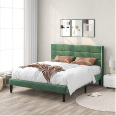 Merax Upholstered Double Bed | 140 x 200 cm | Bed Frame | Slatted Frame | Headboard | Velvet | Basic Style | Adults Teenagers | Without Mattress | Green