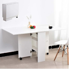 BAKAJI universalus sulankstomas išskleidžiamas valgomojo stalas su knygų spinta, 2 skyriais, ištraukiamomis lentynomis ir MDF ratukais, modernaus dizaino, 140 x 80 x 74 cm (baltas)