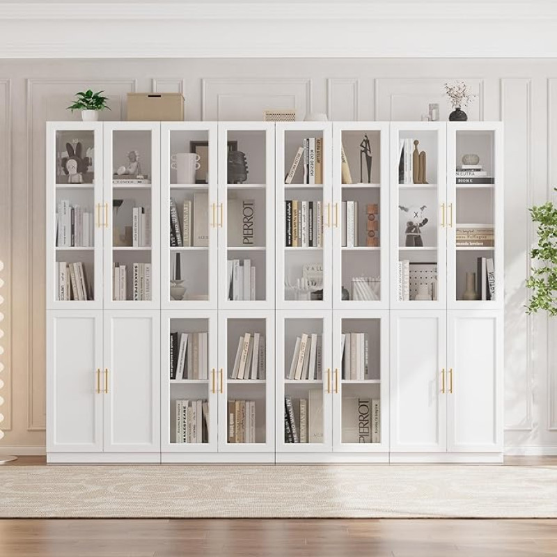 VOWNER knygų spinta su stiklinėmis durimis, 5 aukštų knygų spinta su reguliuojamomis lentynomis, modernus didelės talpos vitrinos rinkinys namų biurui, svetainei, balta (ACCA)