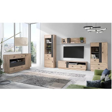 Modernus 5 dalių svetainės baldų komplektas su 2 spintelėmis, šonine lenta ir žemutine lenta, ąžuolo su medžio anglies akcentais