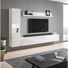 Šiuolaikinis 3 dalių blizgios baltos spalvos svetainės baldų komplektas, įskaitant sieninę spintą, pastatomą žemą spintelę ir sieninę lentyną Stilingas pramogų centras su laikymo galimybėmis