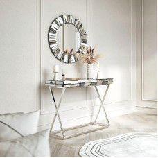 FABS Knightsbridge Collection - Grey Mirrored Console Table - Grey Round Wall Mirror - Combo - Glass Furniture - Hallway - Bedroom
