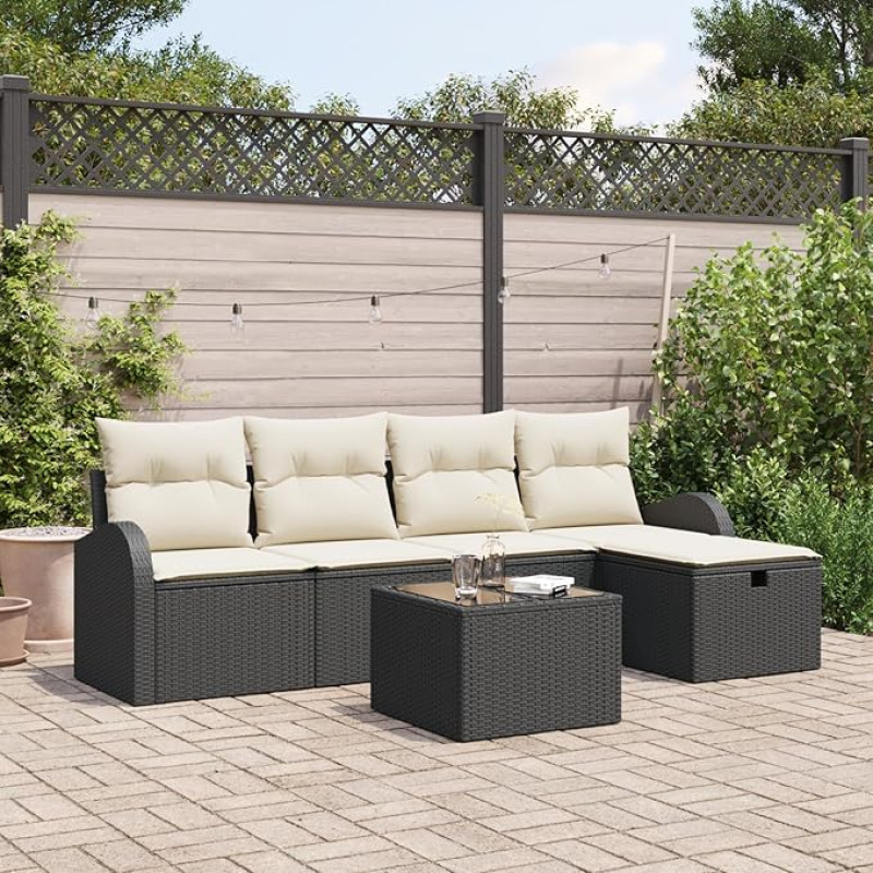 6-teiliges Garten-Sofa-Set mit Kissen in Schwarz aus Poly-Rattan Gartenlounge Modelis3359066