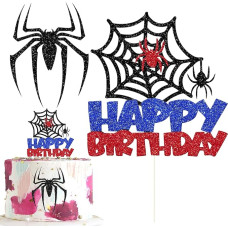 KOBOKO Spider Cake Decoration Birthday, Spider Web Cake Topper Birthday, Glitter Happy Birthday Cake Decoration Black Red Blue Spider Happy Birthday Cake Topper, Spidey Cake Decoration for Children's