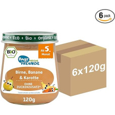 Kūdikių košės FRECHE FREUNDE Ekologiškos kūdikių košės stiklinės su kriaušėmis, bananais ir morkomis, skirtos kūdikiams nuo 5 mėnesių, be pridėtinio cukraus ir druskos, veganiškos, 6 vnt. (6 x 120 g)