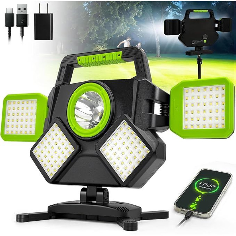 SYLSTAR LED prožektoriaus baterija 55 W, 5000 LM magnetinė LED darbo šviesa, statybos prožektoriaus baterija sulankstoma ir pasukama 360° kampu, 6 režimai, statybvietės lempa dirbtuvėms, statyboms, stovyklavimui