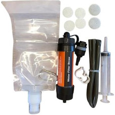 Lauko vandens filtras 8000L - 7-in-1 vandens filtravimo sistema stovyklavimui, žygiams ir avarinėms situacijoms - pilnas rinkinys su buteliu, žarna ir krepšiu