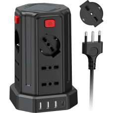 Maitinimo blokas su 12 universalių kištukinių lizdų ITA 10/16A ir Schuko bei 3 USB A + 1 USB C (/10A) apsauga nuo viršįtampių su 4 nepriklausomais jungikliais, juodas