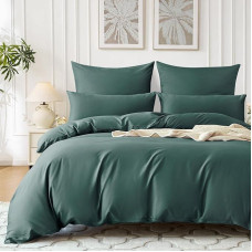 SOULFUL Bed Linen 220 x 240 cm Cotton Satin, 100% Long Staple Cotton Silky Cooling Bed Linen Set with Zip, Oeko-Tex Certified, 1 Duvet Cover 220 x 240 cm and 2 Pillowcases 80 x 80 cm, Dark Green